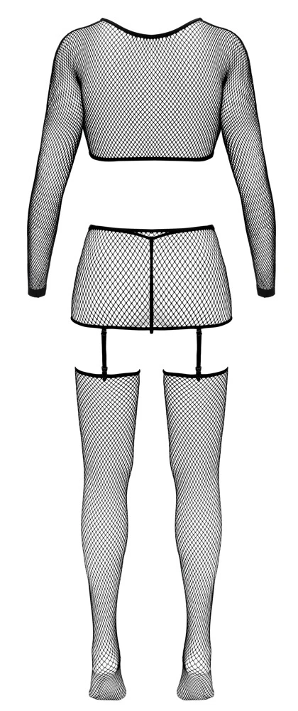 Fantasy by Cottelli 4-teiliges Netz Dessous Set mit Bolero, String, Strapsgürtel und Strümpfen schwarz elastisch figurbetont verstellbare Strumpfhalter stilvoll provokant feminin und auffällig
