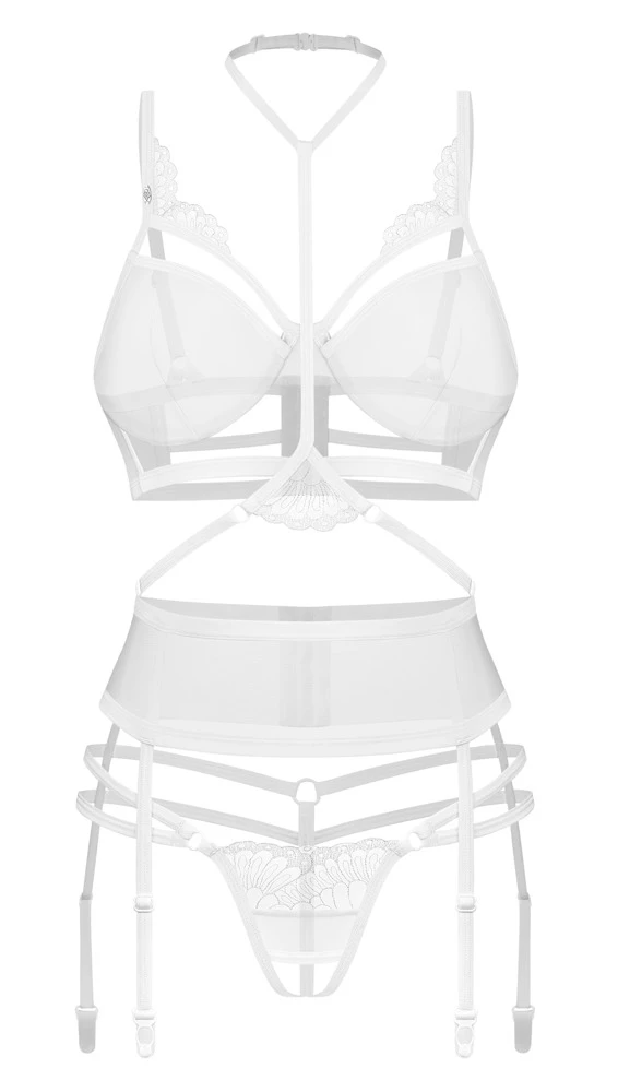 Obsessive Set Premisis Bügel-BH Strapsgürtel und Ouvert-String in schwarzer Spitze mit verstellbarem Choker-Halsband