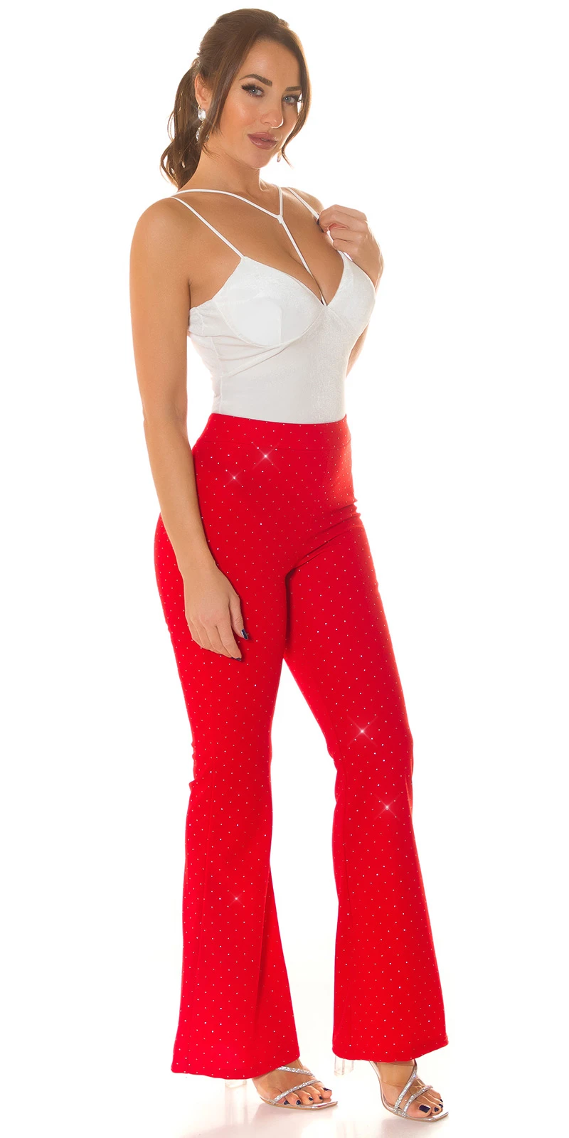 Damen Highwaist Hose Stretchhose Ausgestellt mit Schlag Schlaghose Partyhose mit Glitzer-Effekt Damen Highwaist Hose Stretchhose Ausgestellt mit Schlag Schlaghose Partyhose mit Glitzer-Effekt