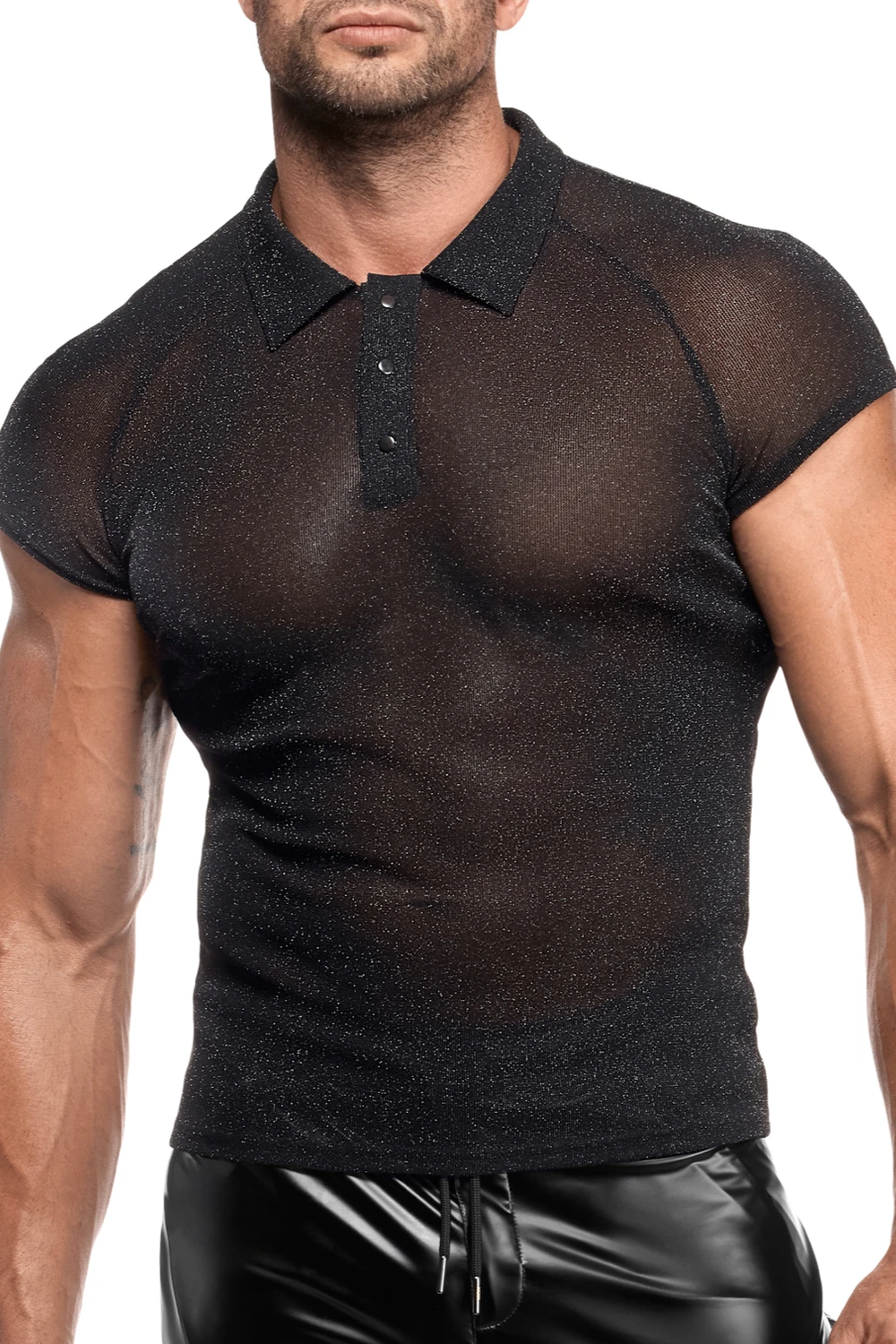 Feinnetz Polo-Shirt H082 aus transparentem, dehnbarem Netzmaterial mit silbernem Schimmer, markantem Stehkragen und Dreiknopfdetail für einen modernen, körperbetonten Look Noir Handmade Men