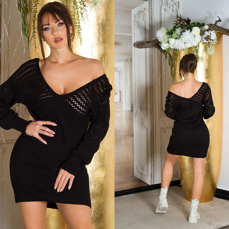 Chic Strick V-Neck Langarm Minikleid mit Lochmuster