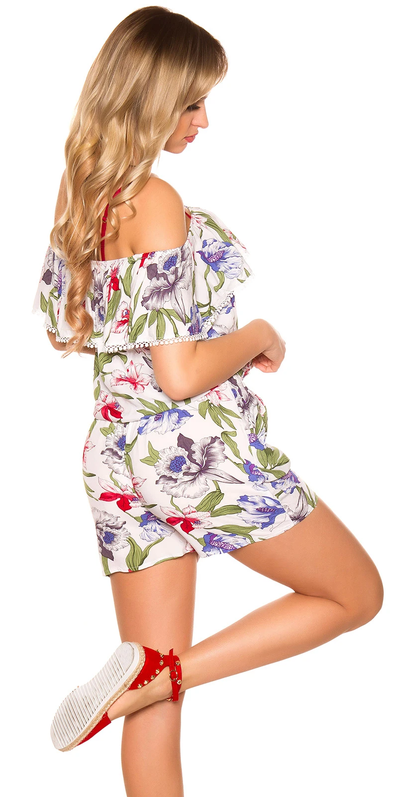 Off Shoulder Playsuit Volant Flower Print Hotpants Carmen Overall