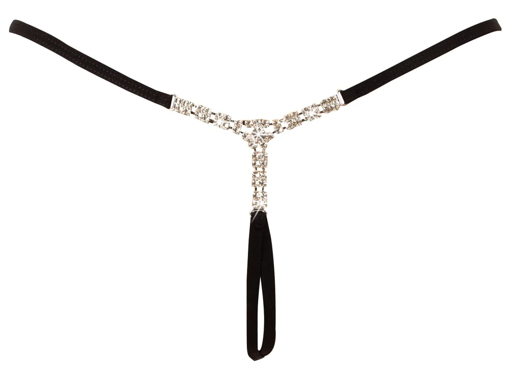 Cottelli LINGERIE Schmuckstring Ouvert – erotischer Strass-String mit Y-Schmuckdetail, offenem Schritt & verstellbarem Bund