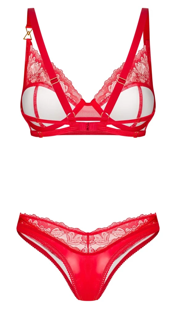 Aliosa Set von Obsessive: Sinnliches Rot, glatter Glanz & zarte Floral-Spitze, BH und Riostring