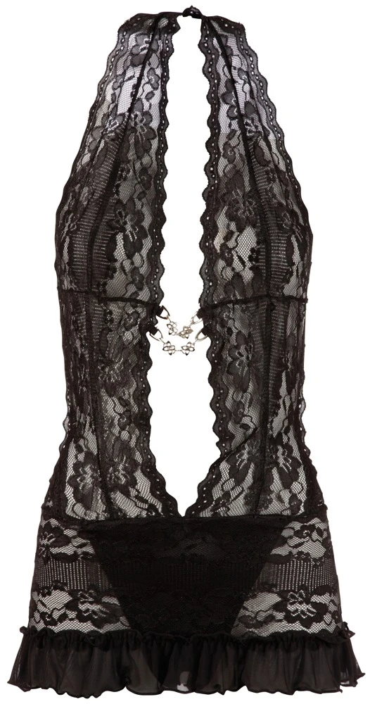 Cottelli LINGERIE schwarzes Spitzenkleid Babydolls & Negligés aus Spitze mit Zierkette