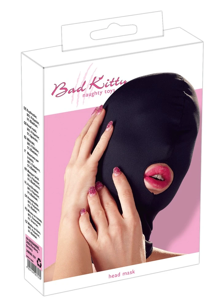 Schwarze, enganliegende Kopfmaske von Bad Kitty aus weichem Stretchmaterial mit Mundöffnung. Schwarze, enganliegende Kopfmaske von Bad Kitty aus weichem Stretchmaterial mit Mundöffnung.