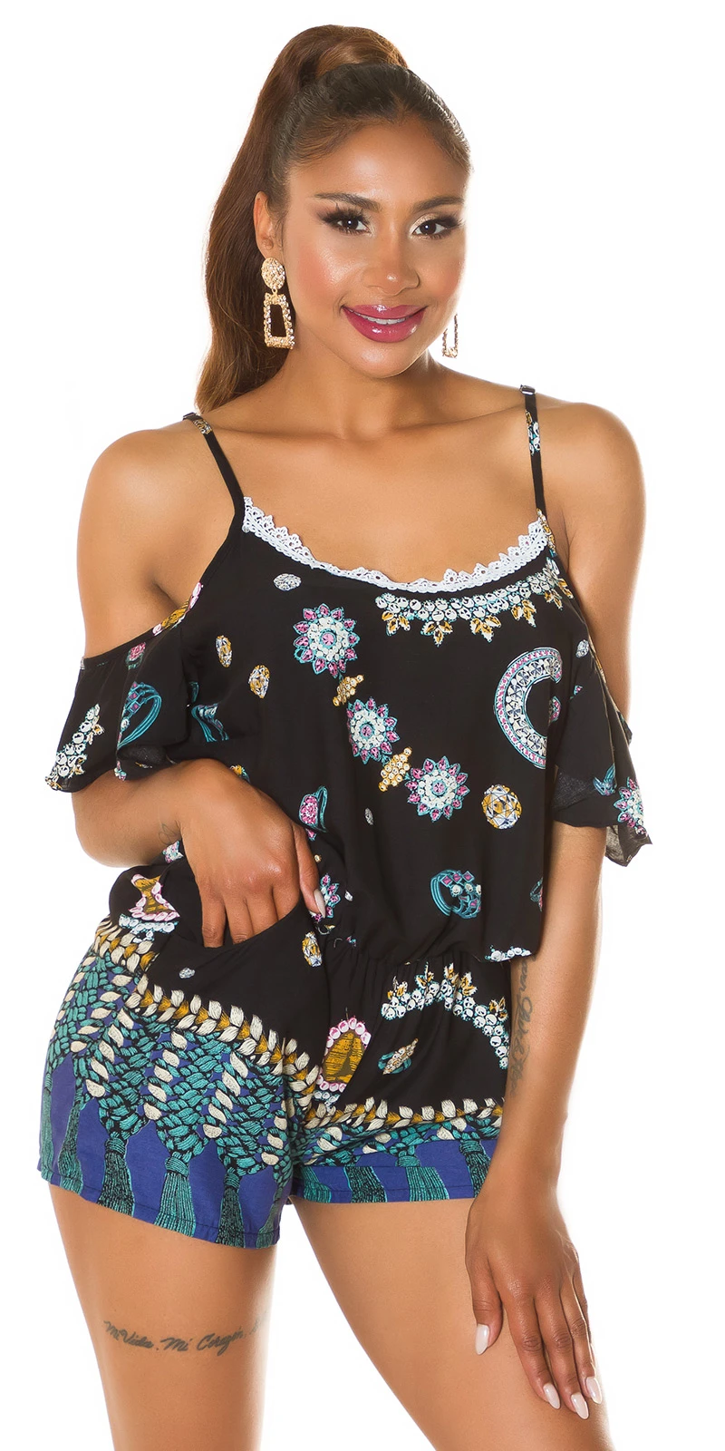 Cold Shoulder Summer Hotpants Träger Jumpsuit mit Print