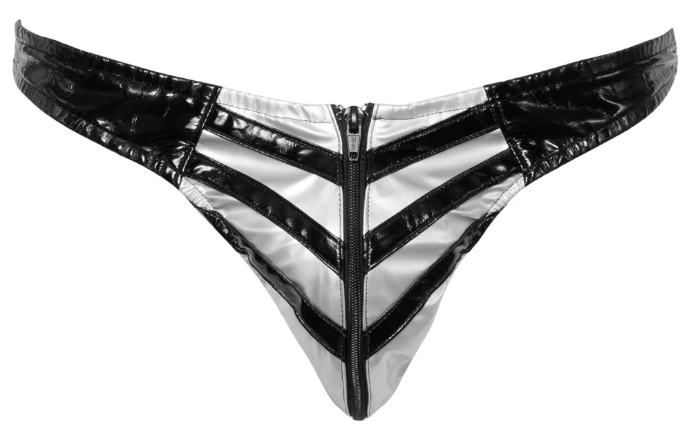 Lack-Slip von Black Level im schwarzen Glanz. Der silberfarbene Beutel im rasanten Streifen-Look ist mit einem Reißverschluss versehen.