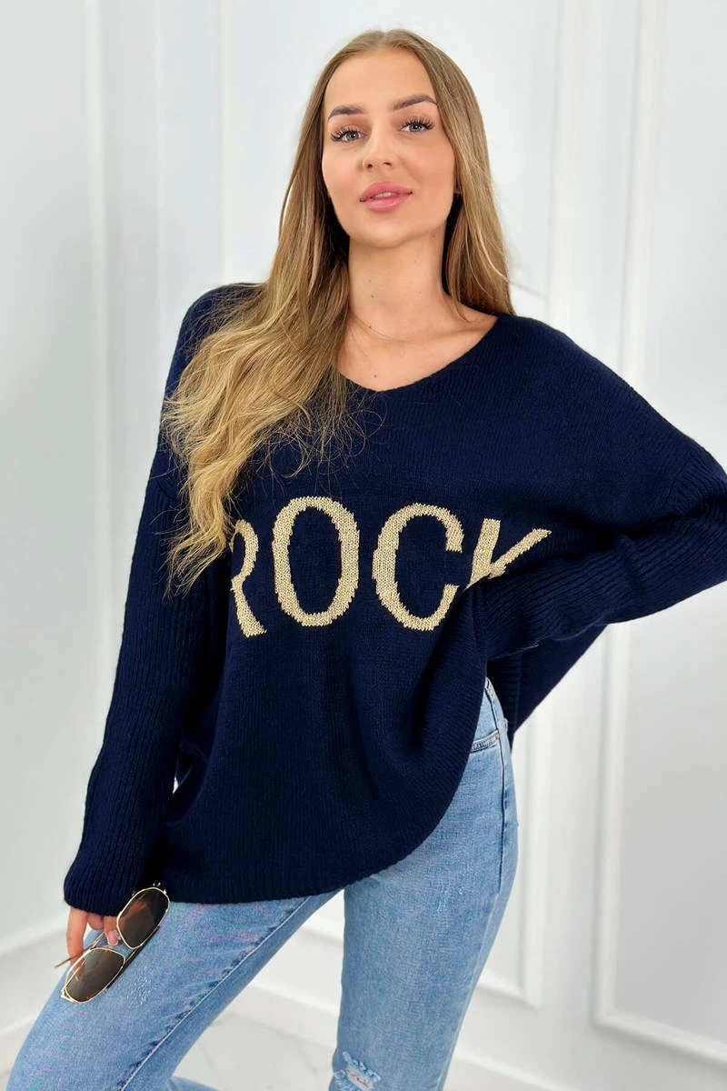 Oversize V-Neck Strick Pullover mit Schriftzug Oversize V-Neck Strick Pullover mit Schriftzug