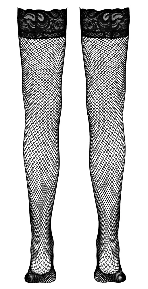 Sexy erotische Reizwäsche Halterlose Netzstrümpfe von Cottelli mit Spitze Silikonband perfekter Halt elastisch weich schwarz, Halterlose Netzstrümpfe