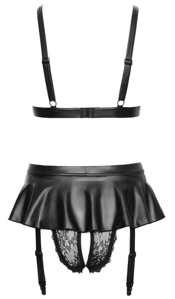 Cottelli LINGERIE Erotisch Soft-BH und Straps-Slip ouvert im schwarzen Set aus feiner Spitze mit Mattlook-Details, Röckchen und verstellbaren Strapsen