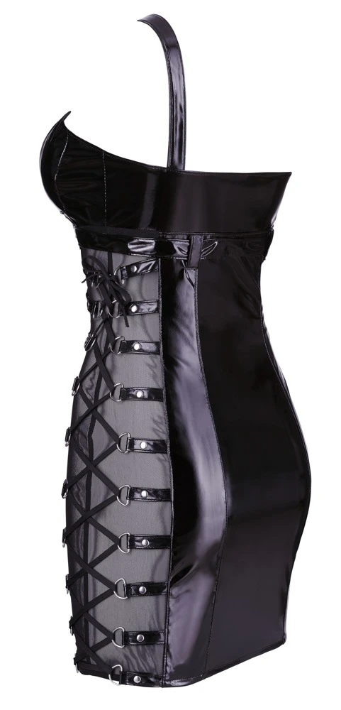 Kurzes Kleid von Black Level komplett im schwarzen Lackglanz mit seitlichen Stretcheinsätzen aus Powernet, die jeweils mit einer dekorativen Schnürung versehen sind.