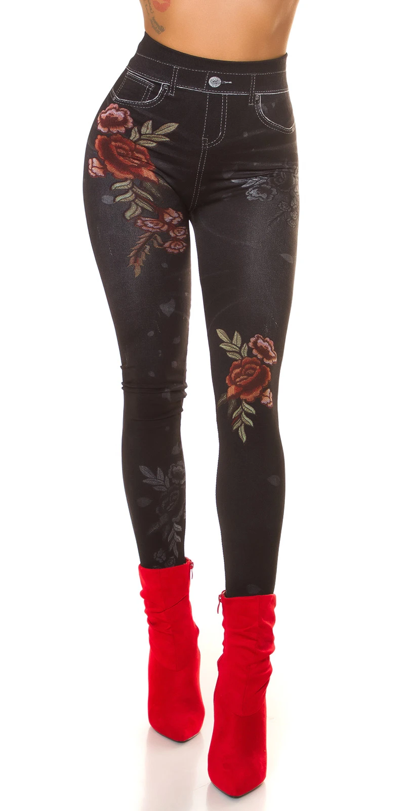 Flower Printed High Waist Jeans Look Leggings Flower Printed High Waist Jeans Look Leggings