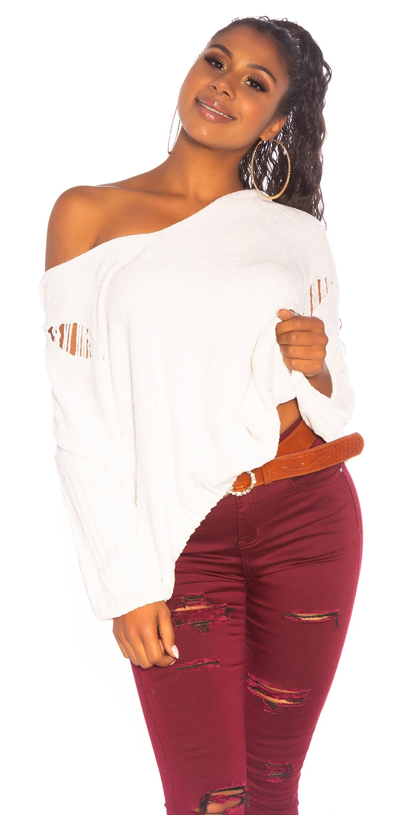Used Look Crop Grobstrick Vokuhila Pullover mit Kapuze