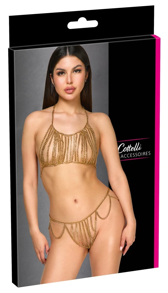 Goldfarbener Ketten-Bikini von Cottelli ACCESSOIRES mit Neckholder-Top und String. Vorne üppiger Kettenbesatz über Brüsten, Schambereich und Hüften.