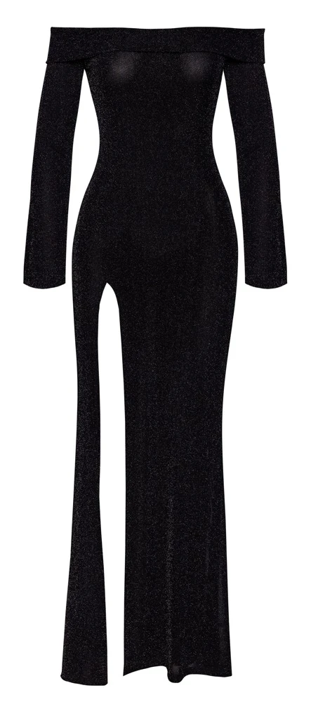 Noir knöchellanges Kleid in schwarzer Glitzer-Transparenz mit Carmen-Ausschnitt langen Trompeten-Ärmeln und hohem seitlichem Schlitz