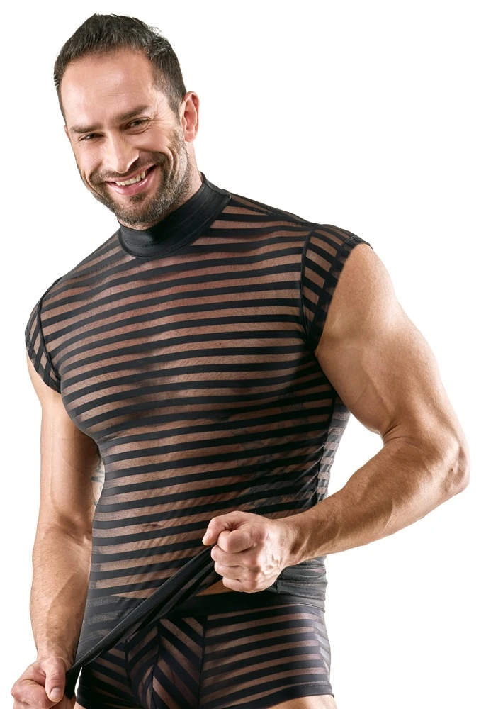 Herren Shirt Svenjoyment Shirt schwarz transparent mit Stehkragen – maskuliner Querstreifen-Look, figurbetont und elastisch