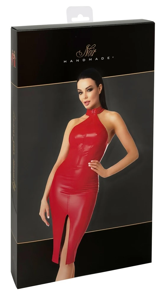 Noir Knallrotes, schulterfreies Kleid im Powerwetlook mit Reißverschluss und Gehschlitz, Party Mididress