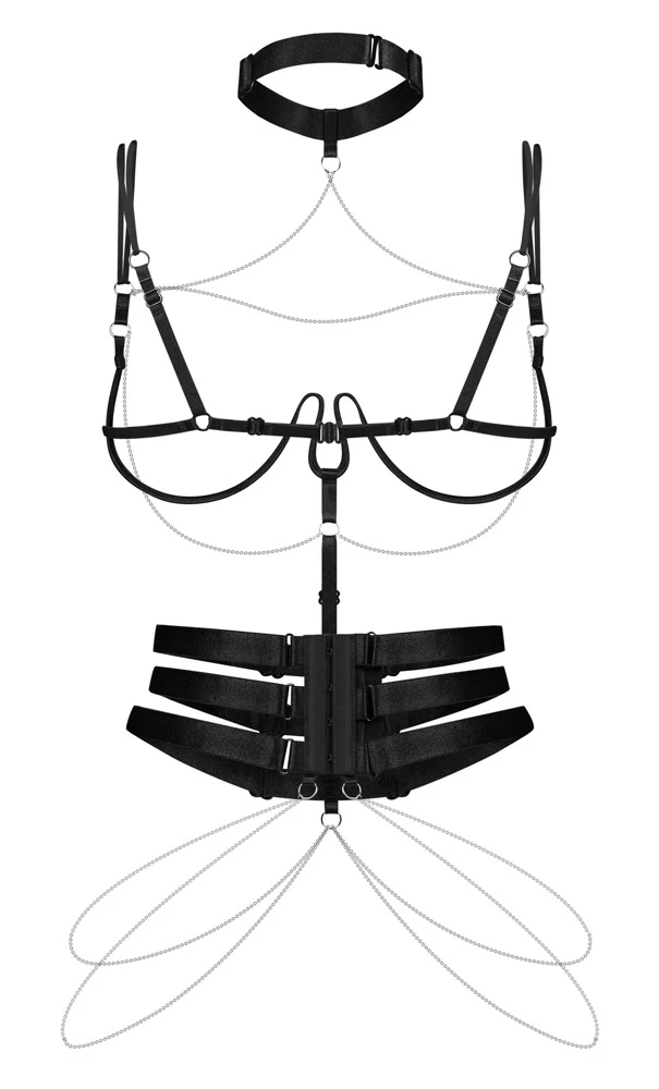 Harness Premisis mit Kettchenschmuck, verstellbarem Choker-Halsband, ummanteltem Unterbrust-Bügel und dreifachem Taillengurt von Obsessive