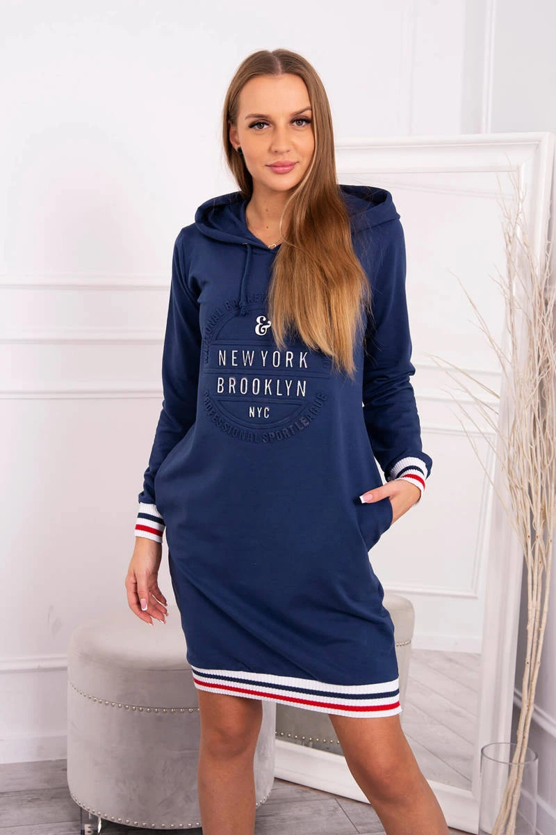 Damen Kapuzenkleid Hoddie Longpullover Sweatkleid Langarm Kleid Knielang Midikleid Print