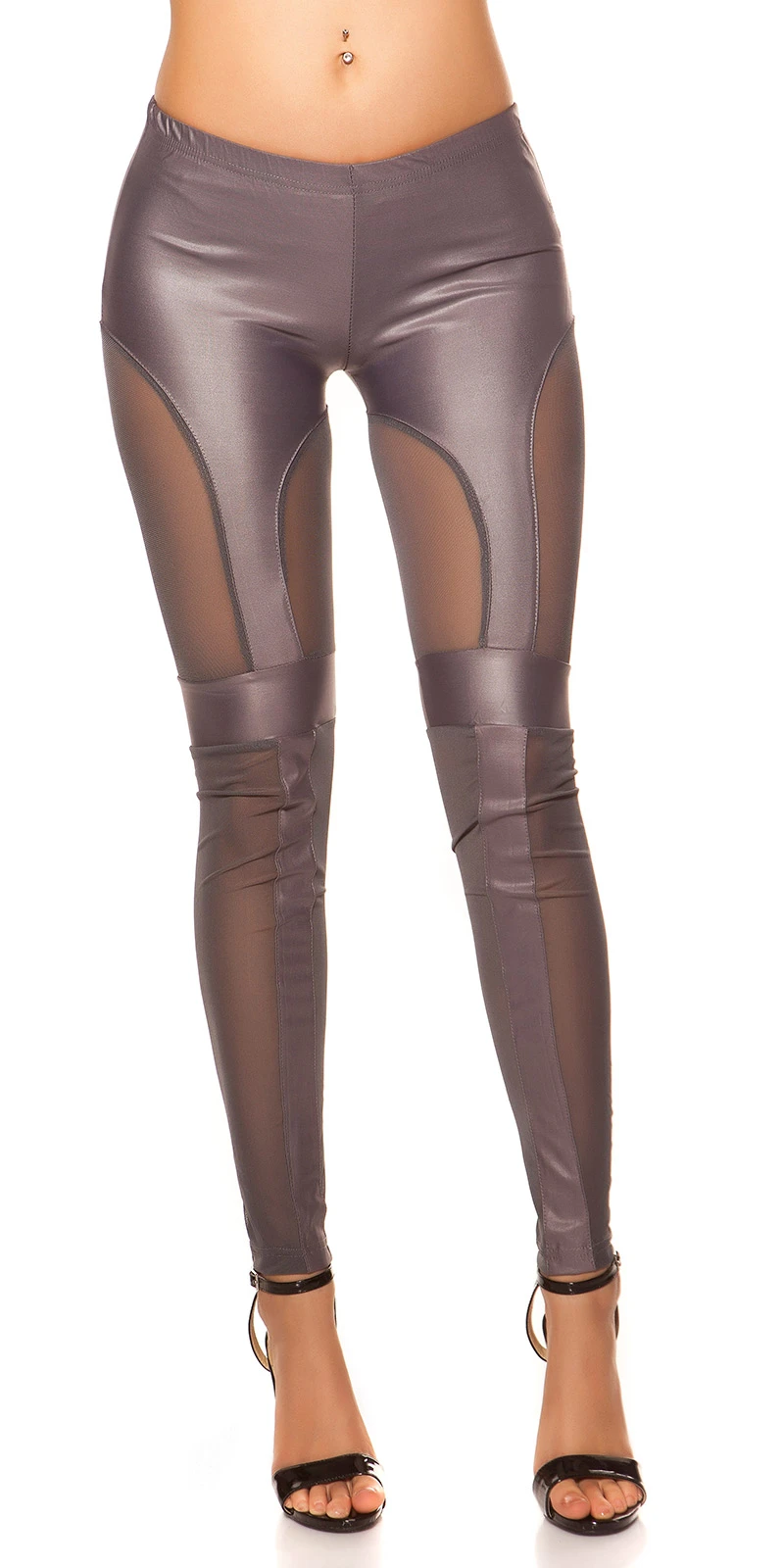 Sexy KouCla Leggings mit Mesh Gewebe und Kunstleder Streifen