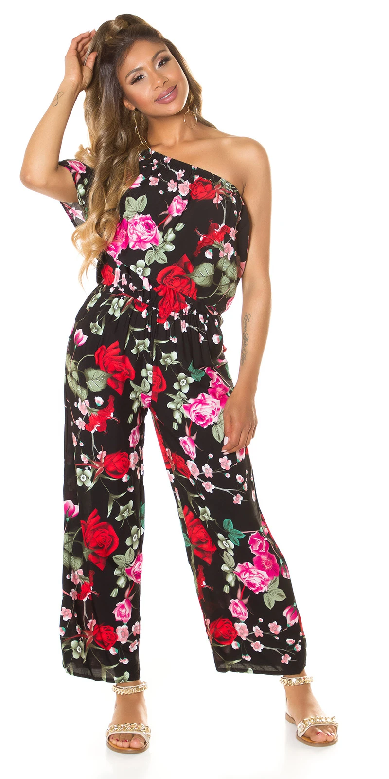 Rose Printed One Shoulder Maxi Marlene Viskose Jumpsuit mit Volant Rose Printed One Shoulder Maxi Marlene Viskose Jumpsuit mit Volant