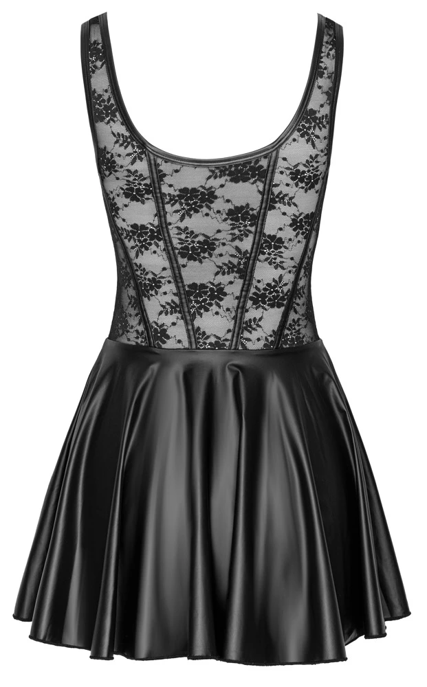 Schwarzes Träger Kinky-Minikleid von Cottelli COSTUMES aus Spitze mit Mattlook-Details und ausgestelltem Rock im edlen Material-Mix