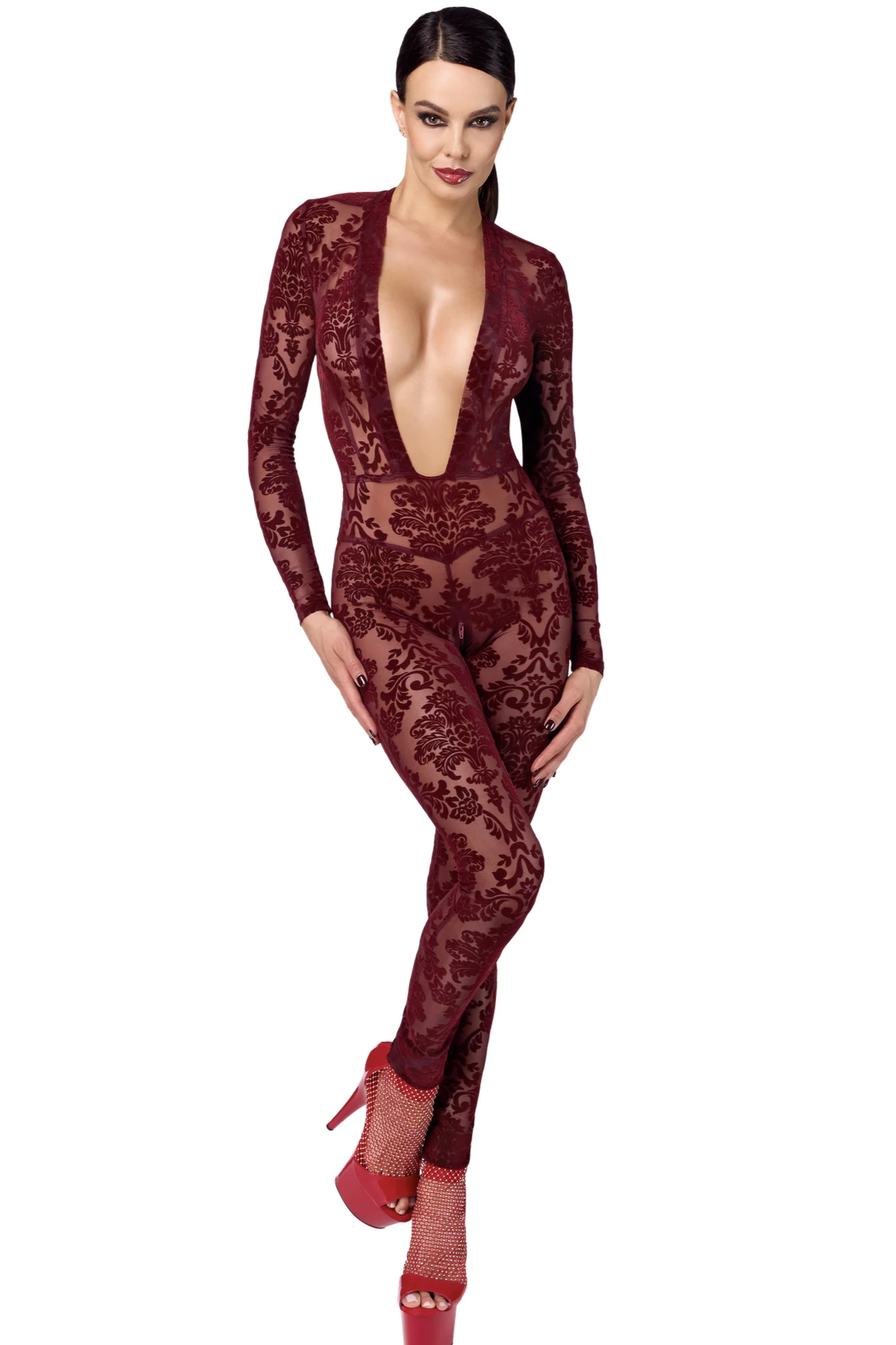 F382 Kinky Royal Overall burgunder aus transparentem Flocktüll mit tiefem Ausschnitt, figurbetonend, langen Ärmeln und 2-Wege-Reißverschluss im Schritt für einen heißen Look von Noir Handmande