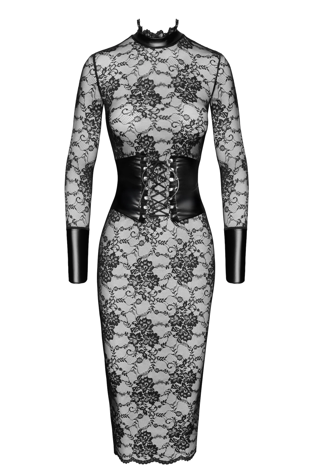 Halblanges Kinky Kleid Noirelle aus Spitze Noir Handmade F375 mit hohem Stehkragen, Powerwetlook-Korsett und verstellbarer Schnürung für eine markante, formbetonte Silhouette mit raffinierten Details