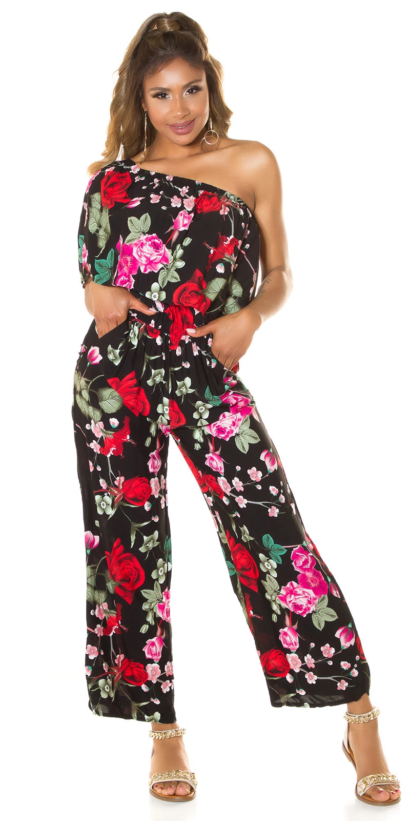 Rose Printed One Shoulder Maxi Marlene Viskose Jumpsuit mit Volant Rose Printed One Shoulder Maxi Marlene Viskose Jumpsuit mit Volant