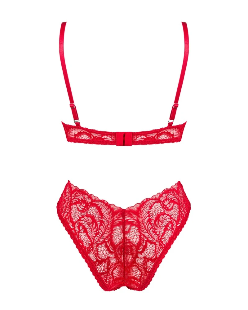 Obsessive Stylischer Bügel-BH und Slip im Set Atenica aus wundeschöner roter Spitze. Weich und elastisch für hohen Tragekomfort.