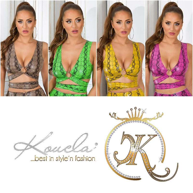 Wet Look V-Neck Crop Top zum Binden mit Ring-Applikation Wet Look V-Neck Crop Top zum Binden mit Ring-Applikation