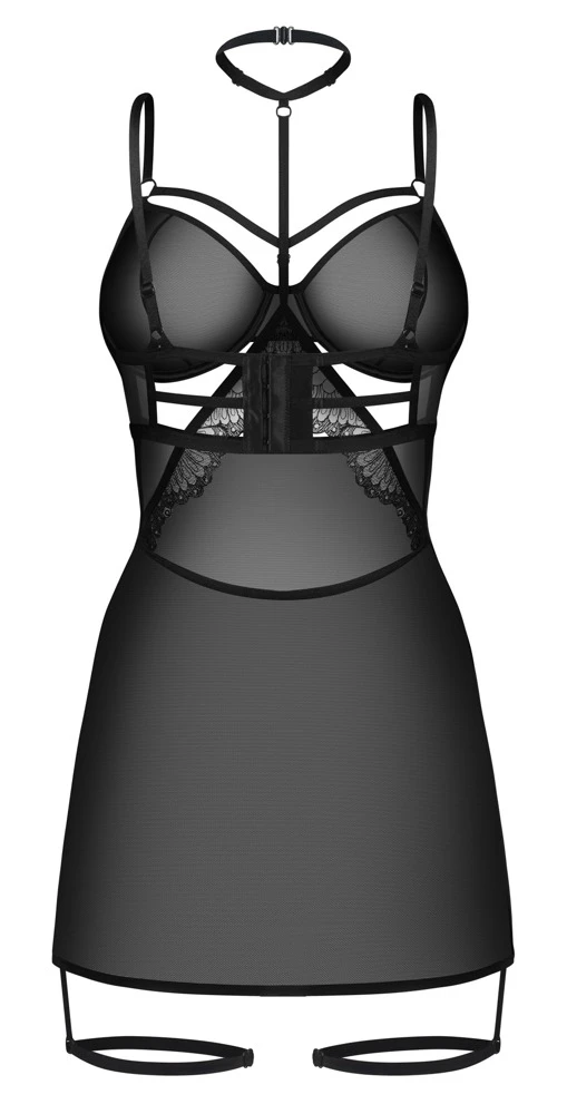 Schwarz-transparentes Negligé Arrowel von Obsessive mit Spitze, Halsband und raffinierten Riemchen für einen unvergesslichen Auftritt
