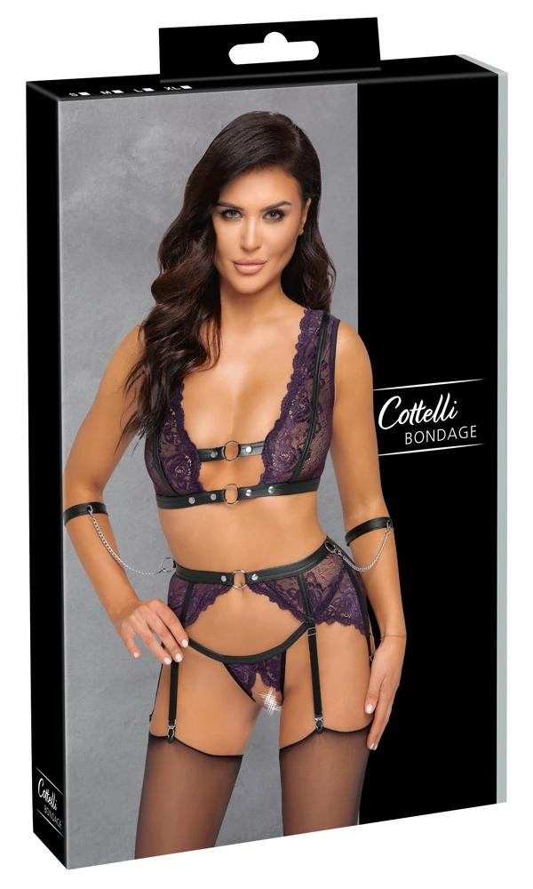 Cottelli Verführerisches Set: Bralette und Strapsgurt mit String ouvert, verziert mit edler Blütenpitze und Silber-Accessoires