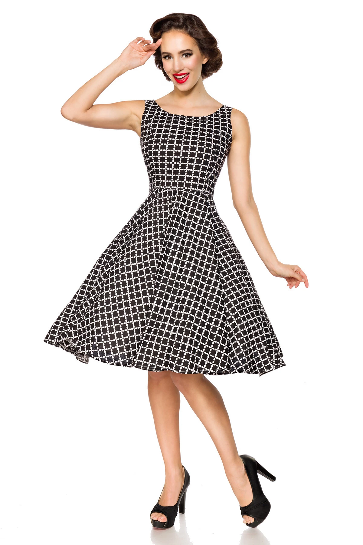 Belsira Vintage Kleid schwarz weiß Tellerrock ärmellos Baumwolle Retro Look tailliert mit Reißverschluss