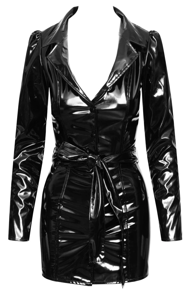 Extra kurzes Kleid von Black Level komplett im schwarzen Lackglanz. Figurnah und tailliert geschnitten im Mantel-Styling mit langem Arm.