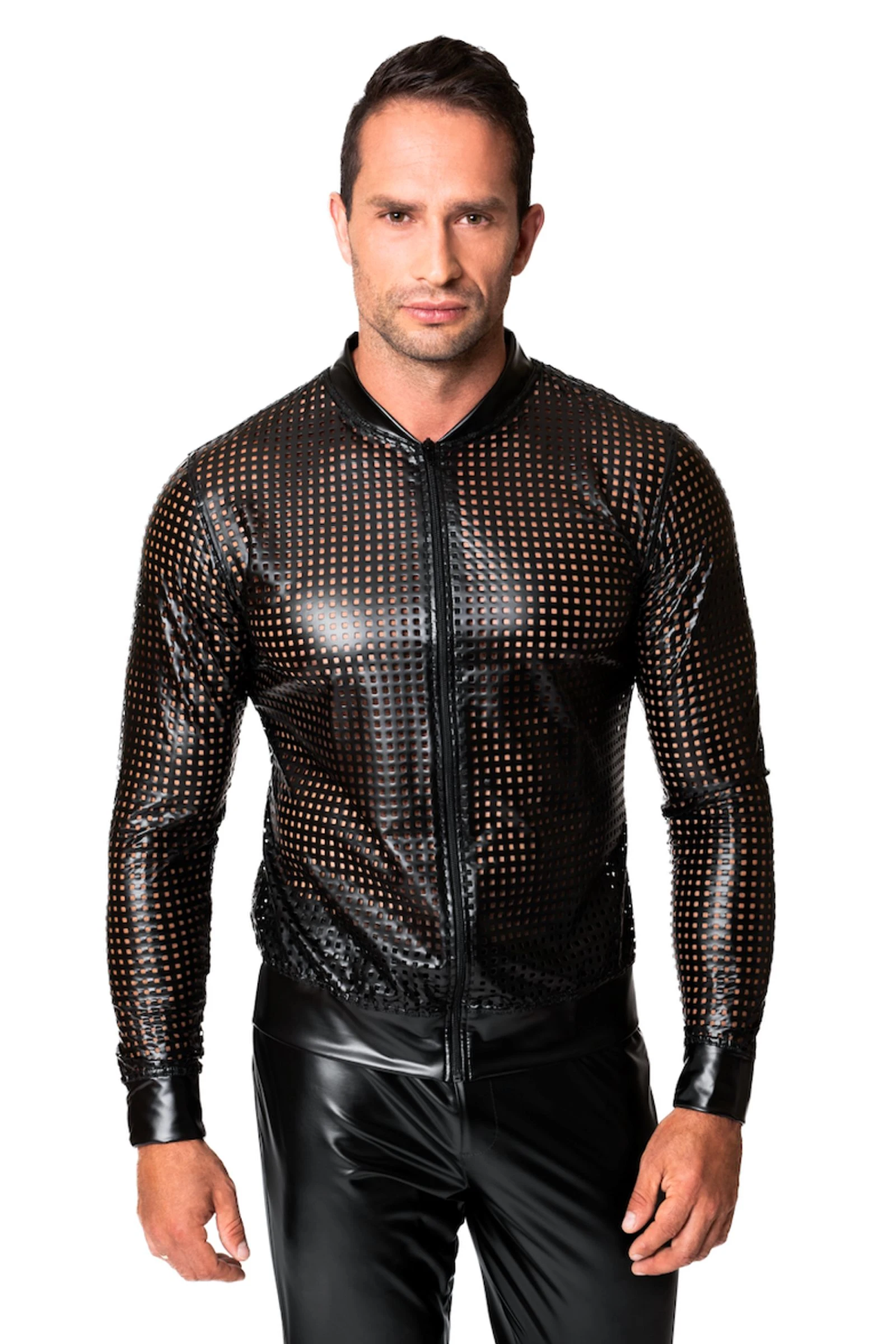 Mutige Männer Bomberjacke aus hochwertigem Power Wetlook mit perforiertem Design, Reißverschluss und elegantem Kragen für auffällige Looksschwarze Powerwetlook Jacke H076