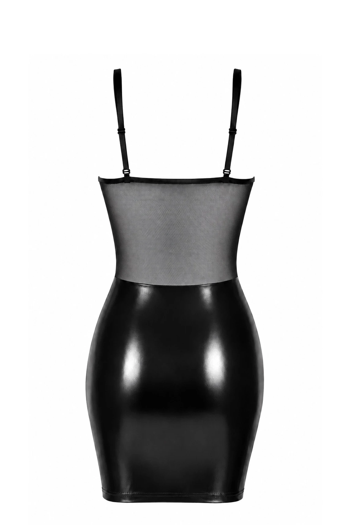 Minikleid Kinky aus Powerwetlook und Mesh - Noir Handmade F409 Do Not Disturb - sexy in Schwarz mit Frontschnürung und dünnen Trägern