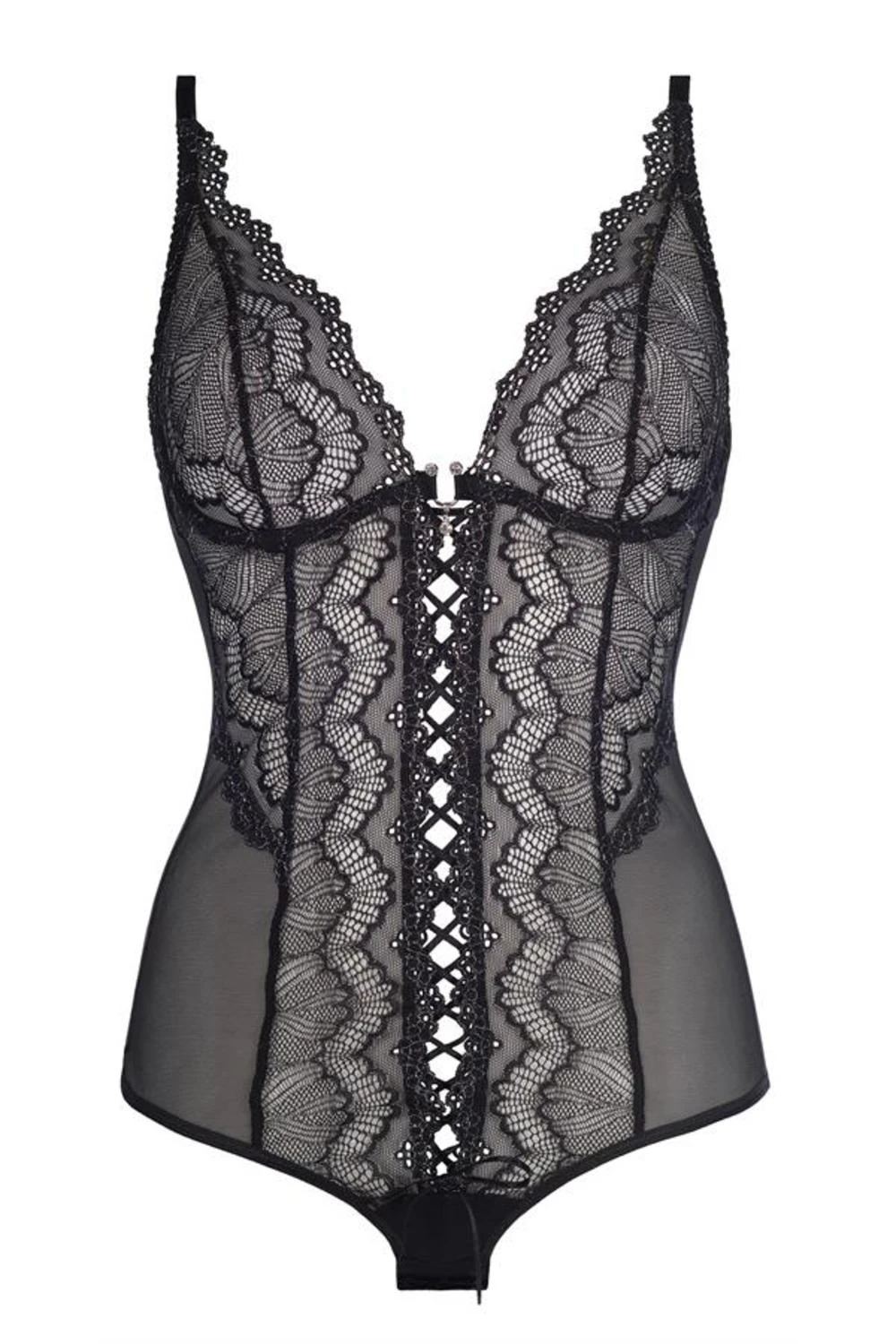 Axami eleganter Spitzen Body mit Schnürung und Strass Applikationen