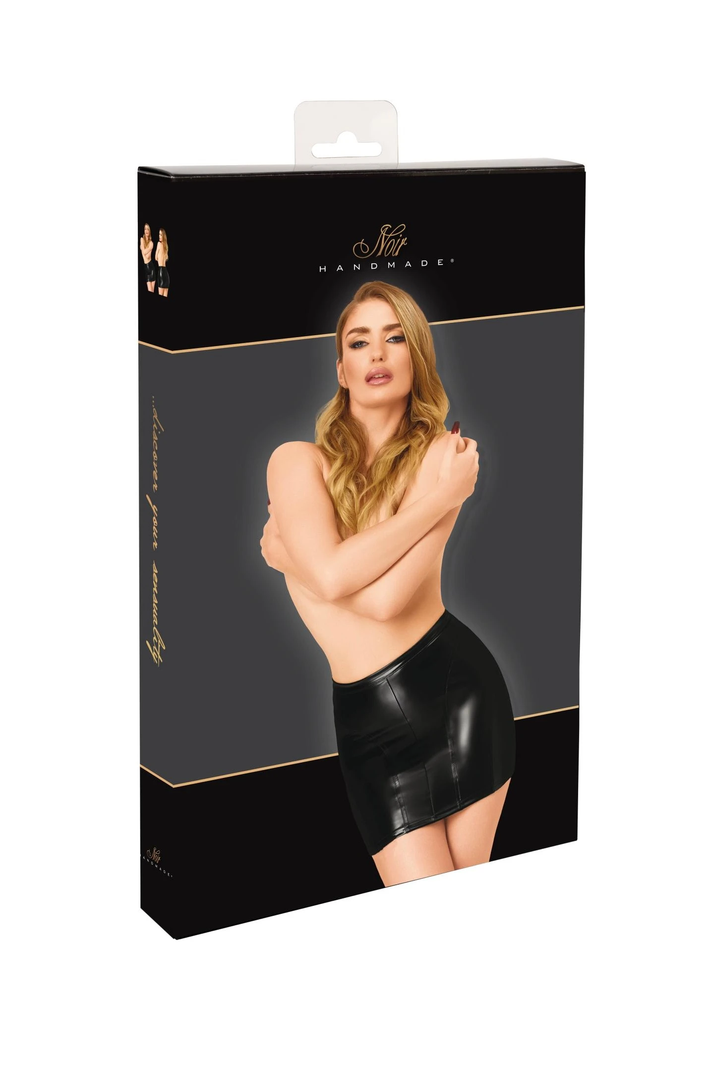 Kinky Minirock aus Powerwetlook - Noir Handmade F407 Dark Affair - sexy in Schwarz mit dekorativen Nähten und schmalem Bund