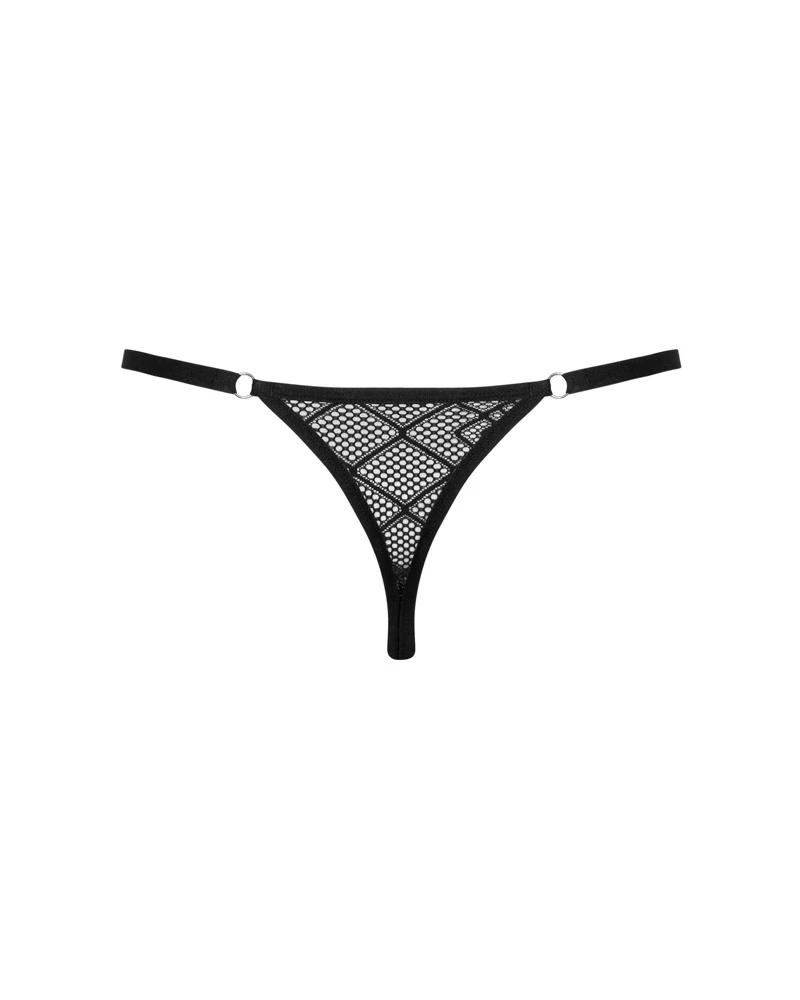 Obsessive schwarzer String Severio in extravagant gemusterter Semi-Transparenz.  Bequemer Gummibund mit kleinem Metall-Element vorne und passend verstellbar.