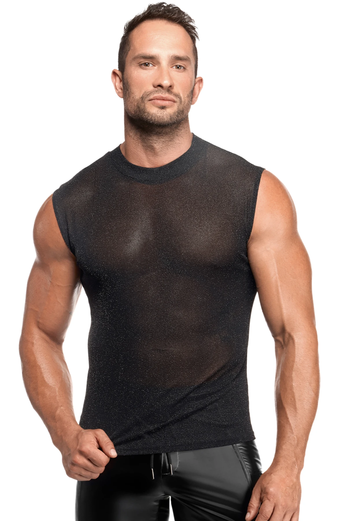 Transparentes Feinnetz Tank Top H083  von Noir Handmade Men im silber schimmernden Look, das den Oberkörper markant betont und jede Bewegung flexibel unterstützt