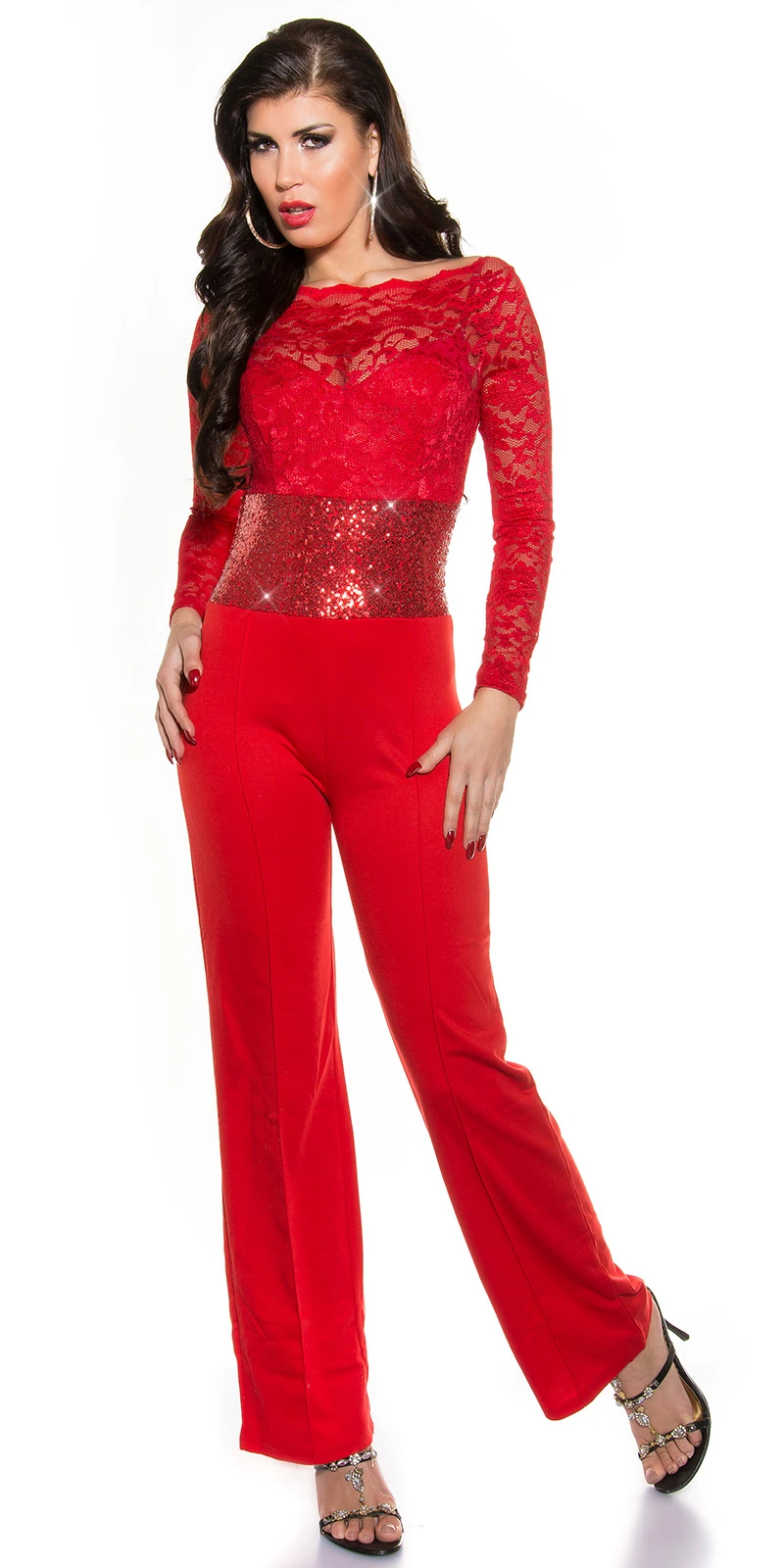 Overall mit langen Ärmeln mit Spitze und Paillettentaille Overall mit langen Ärmeln mit Spitze und Paillettentaille