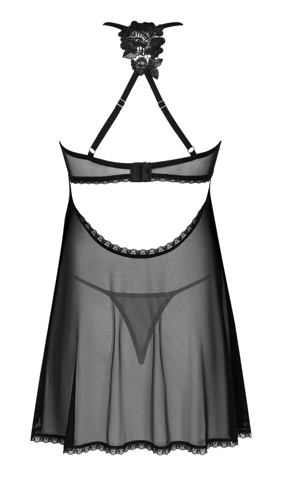 Obsessive Babydoll und String im schwarz-transparenten Set.  Luftig, weich und elastisch für hohen Tragekomfort. Träger hinten mit edler Stickerei verziert.