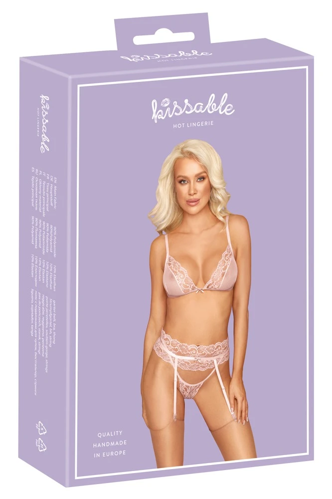 kissable BH Strapsset, Lingerie Set mit Soft-BH, Strapsgurt & String, Effektspitze im Mix mit Powernet