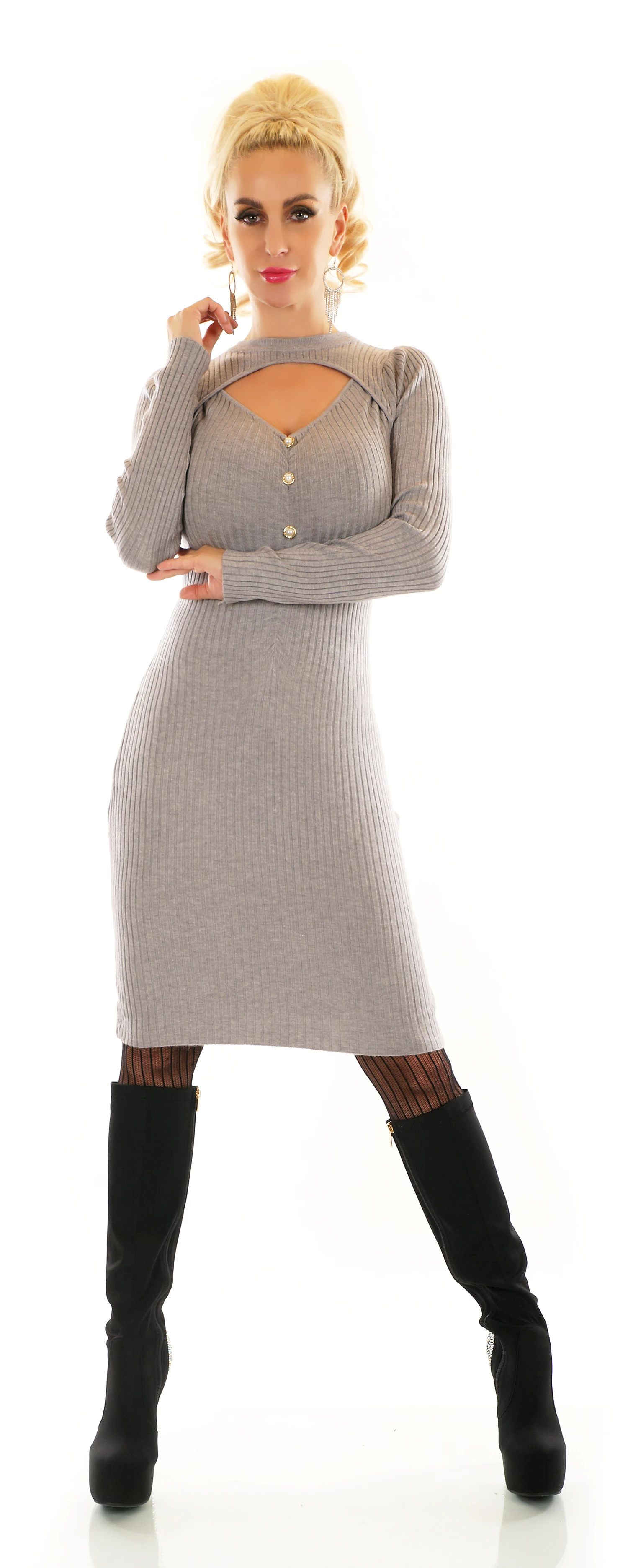 Business Midi Langarm Strick Kleid mit Cutout und Deko Knöpfe Business Midi Langarm Strick Kleid mit Cutout und Deko Knöpfe