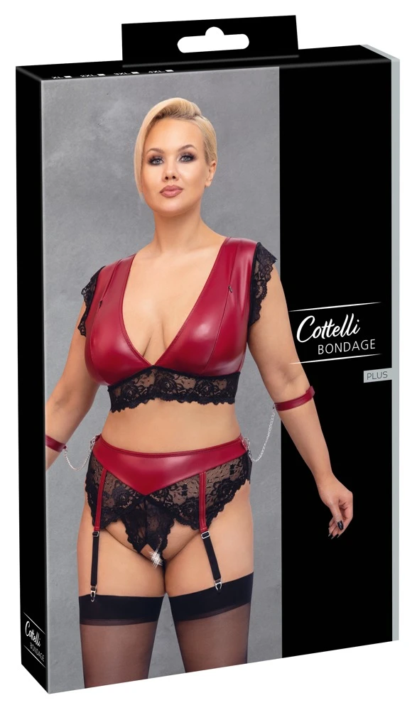 Cottelli Bralette und Highwaist-String mit Strapsen und Armfesseln im edlen Mattlook mit feiner Spitze