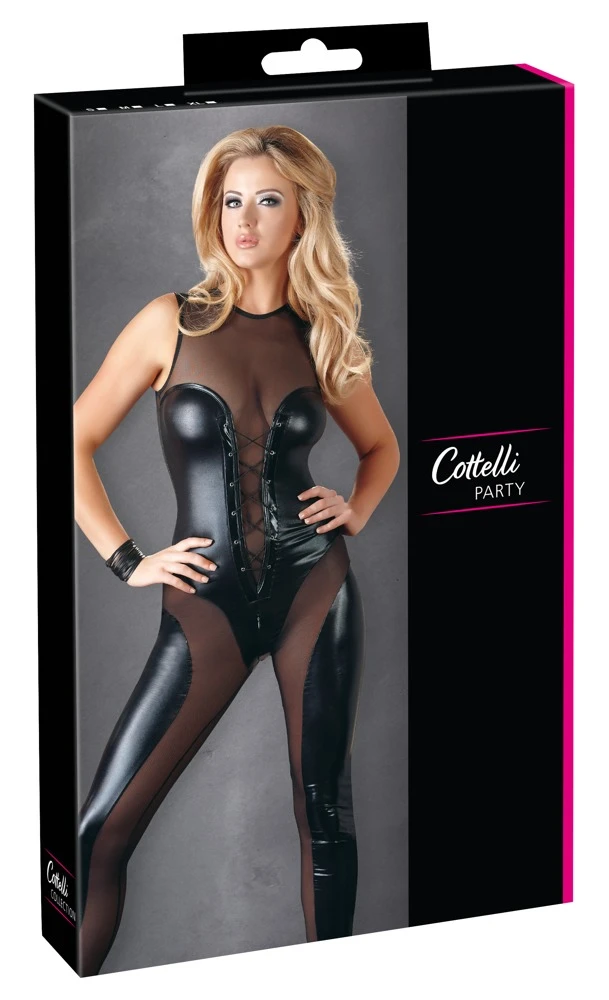 Cottelli PARTY Overall Wetlook Zipper im Schritt, Erotisch Catsuit aus Powenet und Wetlook