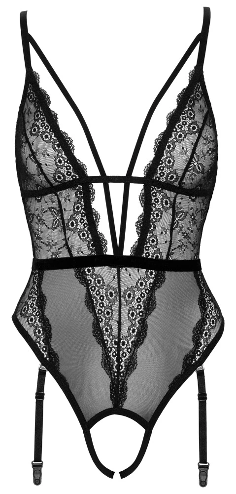 Cottelli LINGERIE Ouvert Stringbody mit 4 abnehmbaren Strapsen mit Perlenkette im Schritt