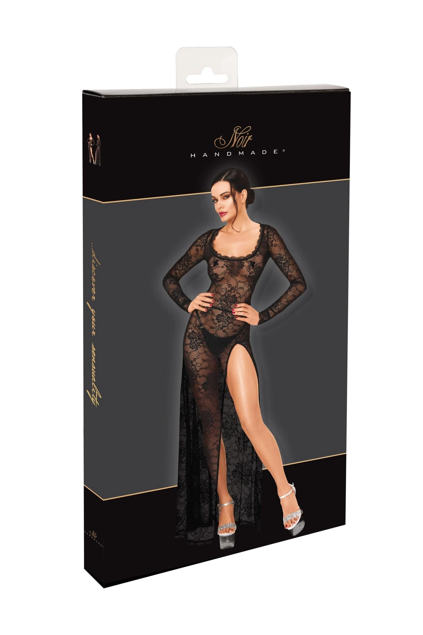 Maxikleid aus transparenter Spitze - Noir Handmade F405 One More Kiss - sexy in Schwarz mit tiefem Ausschnitt und hohem Beinschlitz